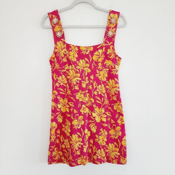 Zara Pink and Orange Floral Print Jaquard Dress with Jewel Accents Medium - Picture 3 of 8